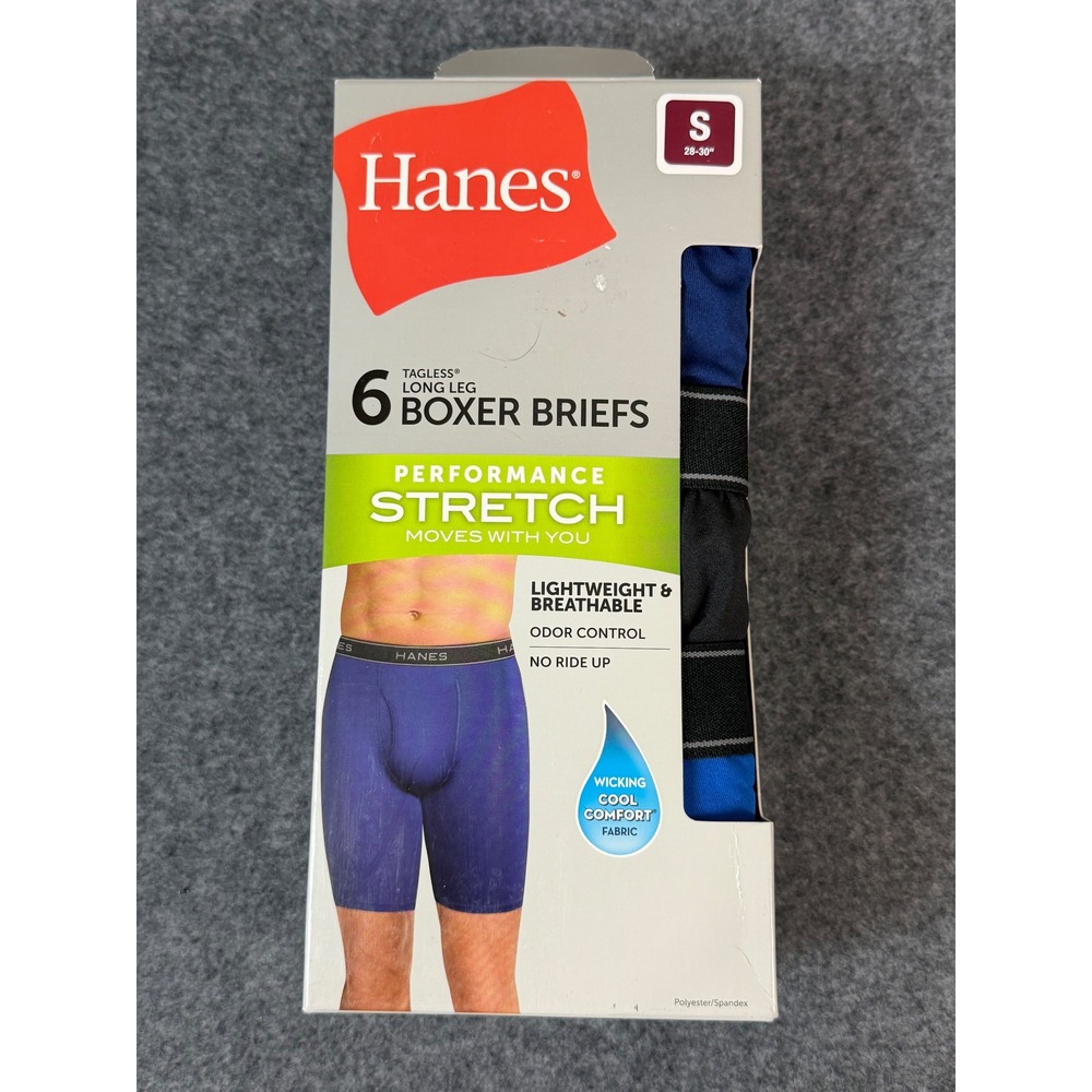 Hanes Performance Boxer Briefs Mens Small Blue/Black New 6 Pack Stretch Long Leg